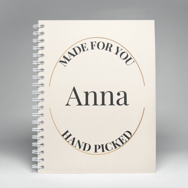 Stamped & Centered Notebook (Notebook with large serif name centered inside faux gold stamp and charcoal gray lettering.)