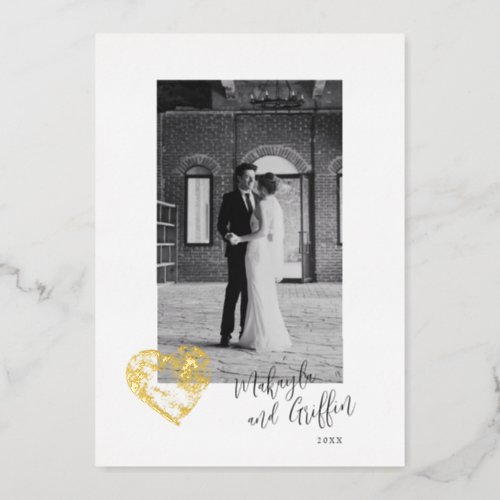 Stamped Heart in Gold with Wedding Photo Thank You Foil Invitation