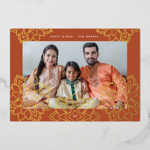 Stamped lotus Happy Diwali Photo Gold Foil Holiday Card