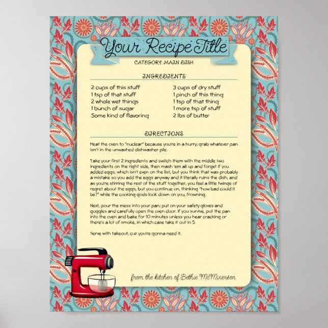 Stand mixer custom cookbook recipe letterhead post poster (Front)