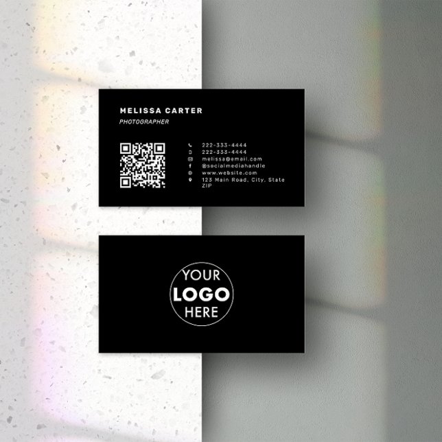 Stand Out! | Easy QR Code & Logo | Black | Minimal Business Card (Front & back of a black minimalist business card design which features customisable QR Code & logo.)
