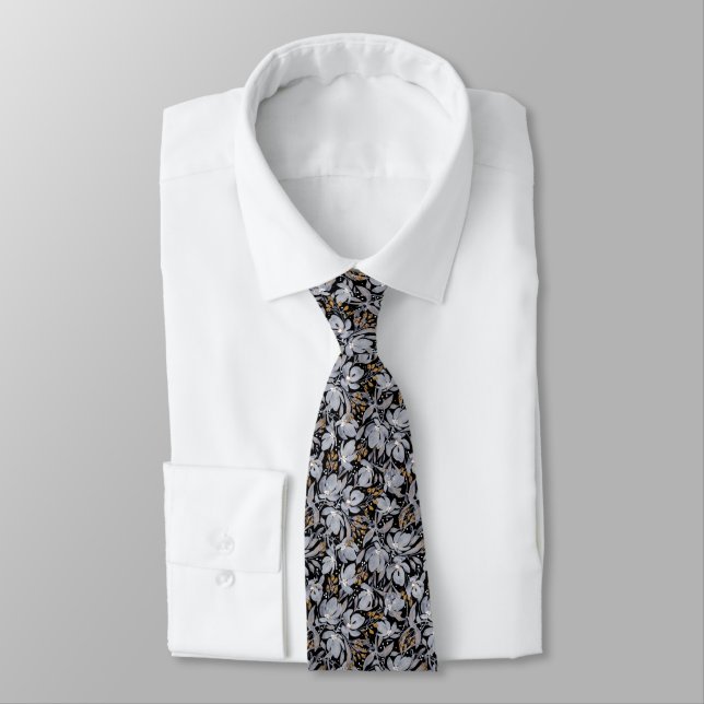 Stand Out Gold & Silver Modern Floral Designer Neck Tie (Tied)