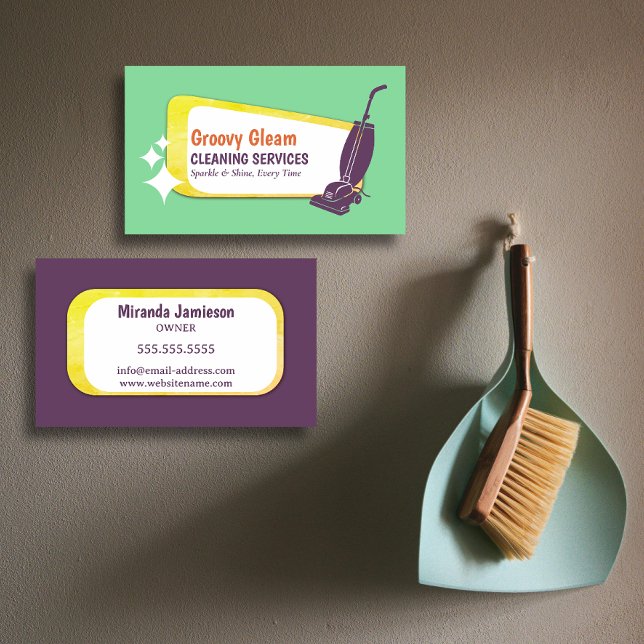 Stand Out Retro Vacuum Professional Cleaning Business Card (Retro upright vacuum cleaning business card front and back.)