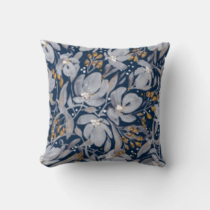 Stand Out-Silver and Gold Floral on Midnight Blue Throw Pillow