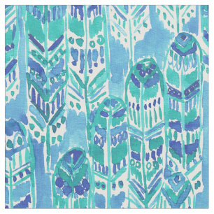 STAND TALL Aqua Tribal Boho Chic Feathers Fabric