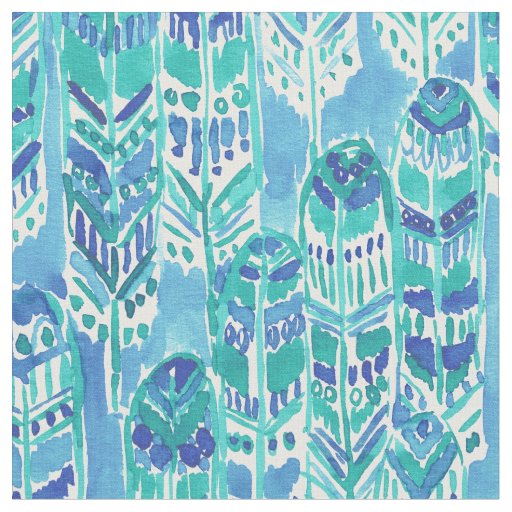 STAND TALL Aqua Tribal Boho Chic Feathers Fabric
