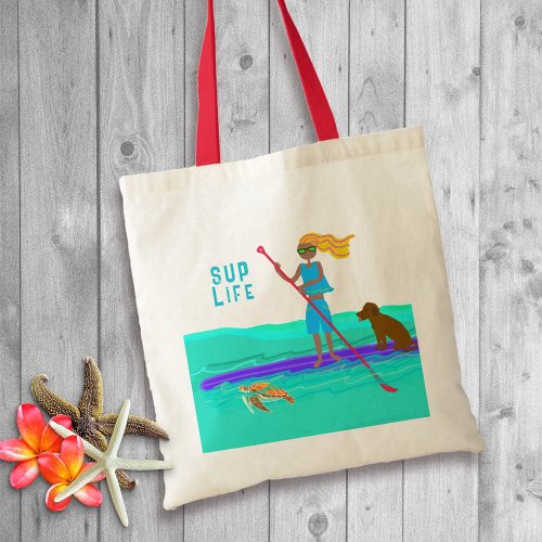 Stand Up Paddleboard Girl Dog Turtle Illustrated Tote Bag