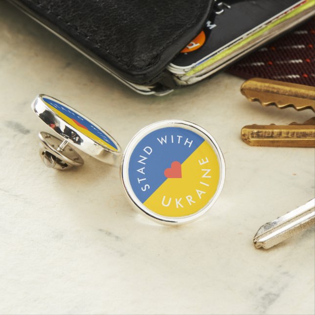 Stand with Ukraine Anti War Protest Ukrainian Flag Lapel Pin (In Situ)