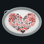 Stand with Ukraine lettering and heart Belt Buckle<br><div class="desc">Folk art illustration heart and lettering in Ukrainian folklore style heart, shape, Purity, Allegory, peace sign, peace symbol, peace, no war, stop war, antiwar, Ukraine, Ukrainian, ethnical pattern, proud, state, government, Sign, Symbol, Freedom, National, Country, Independence, pattern, ethnical, ethno, folk art, folklore, Zelensky, Kyiv, Kiev, UA, Patriotic, Europe, Label, badge,...</div>