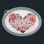Stand with Ukraine lettering and heart Belt Buckle<br><div class="desc">Folk art illustration heart and lettering in Ukrainian folklore style heart, shape, Purity, Allegory, peace sign, peace symbol, peace, no war, stop war, antiwar, Ukraine, Ukrainian, ethnical pattern, proud, state, government, Sign, Symbol, Freedom, National, Country, Independence, pattern, ethnical, ethno, folk art, folklore, Zelensky, Kyiv, Kiev, UA, Patriotic, Europe, Label, badge,...</div>