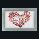 Stand with Ukraine lettering and heart Belt Buckle<br><div class="desc">Folk art illustration heart and lettering in Ukrainian folklore style heart, shape, Purity, Allegory, peace sign, peace symbol, peace, no war, stop war, antiwar, Ukraine, Ukrainian, ethnical pattern, proud, state, government, Sign, Symbol, Freedom, National, Country, Independence, pattern, ethnical, ethno, folk art, folklore, Zelensky, Kyiv, Kiev, UA, Patriotic, Europe, Label, badge,...</div>
