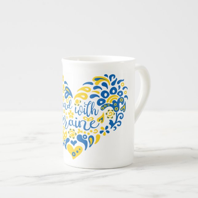 Stand with Ukraine lettering and heart Bone China Mug (Front Right)