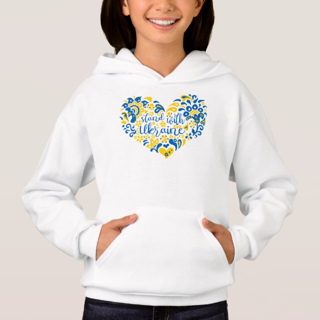 Stand with Ukraine lettering and heart Hoodie (Front)