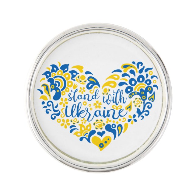 Stand with Ukraine lettering and heart Lapel Pin (Front)