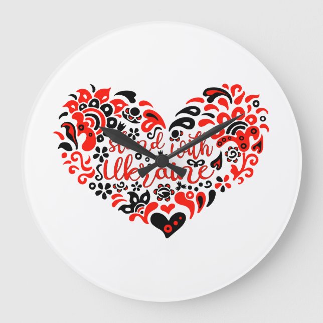 Stand with Ukraine lettering and heart Large Clock (Front)