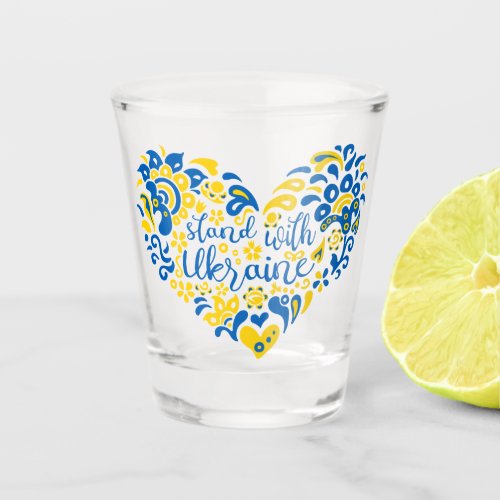 Stand with Ukraine lettering and heart Shot Glass