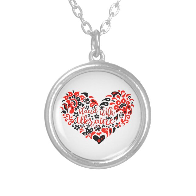 Stand with Ukraine lettering and heart Silver Plated Necklace (Front)