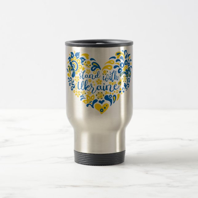 Stand with Ukraine lettering and heart Travel Mug (Center)