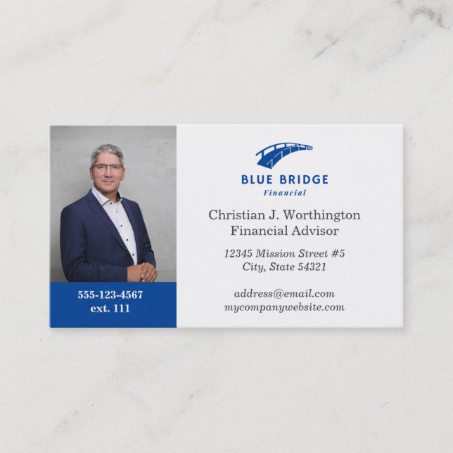 Standard Blue Custom Headshot Company Logo Finance Business Card (Front)