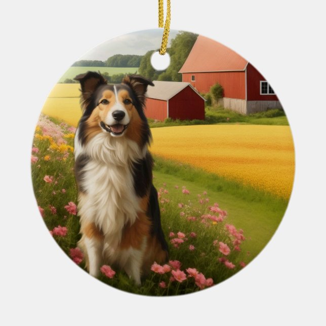 Standard Collie on Farm Ceramic Ornament (Front)