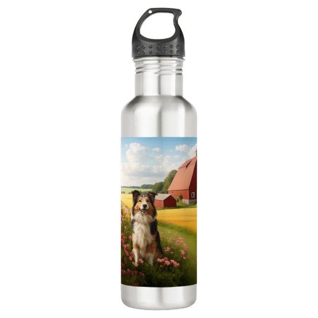 Standard Collie on Farm Stainless Steel Water Bottle (Front)