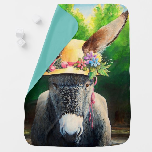 Standard Donkey/Burro in Rose/daisy flower hat Baby Blanket (In Situ)