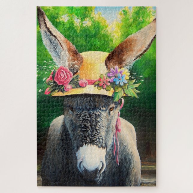 Standard Donkey/Burro in Rose/daisy flower hat Jigsaw Puzzle (Vertical)