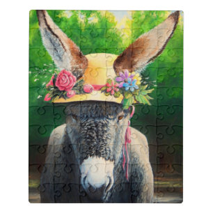Standard Donkey/Burro in Rose/daisy flower hat Jigsaw Puzzle