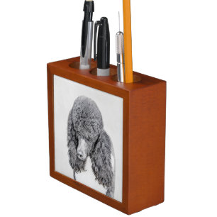 Standard Poodle Black Parti Painting - Dog Art Desk Organizer