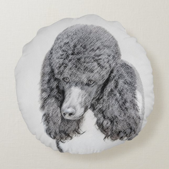 Standard Poodle Black Parti Painting - Dog Art Round Pillow (Back)