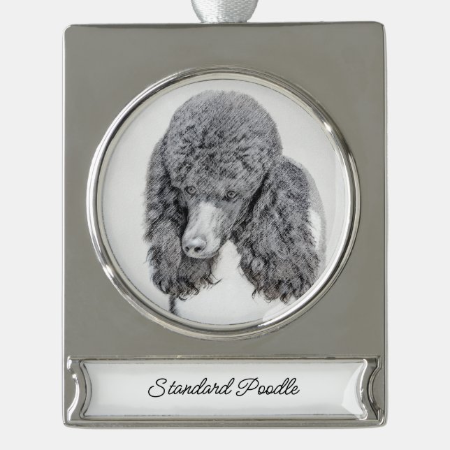 Standard Poodle Black Parti Painting - Dog Art Sil Silver Plated Banner Ornament (Front)