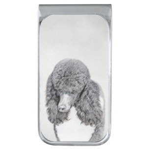 Standard Poodle Black Parti Painting - Dog Art Silver Finish Money Clip