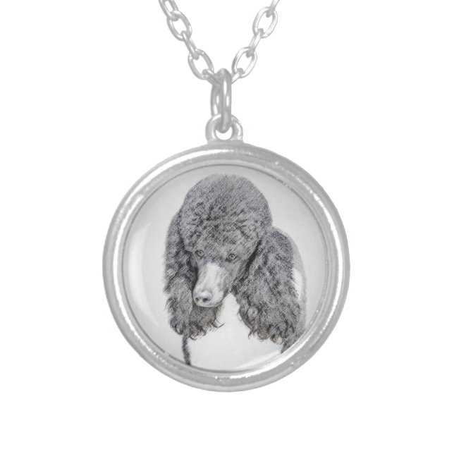 Standard Poodle Black Parti Painting - Dog Art Silver Plated Necklace (Front)