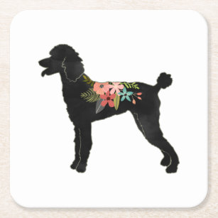 Standard Poodle Dog Breed Boho Floral Silhouette Square Paper Coaster