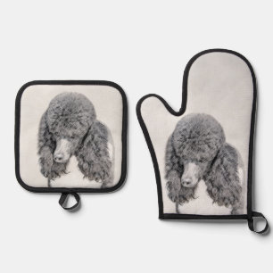 Standard Poodle Painting Parti Black White Dog Art Oven Mitt & Pot Holder Set