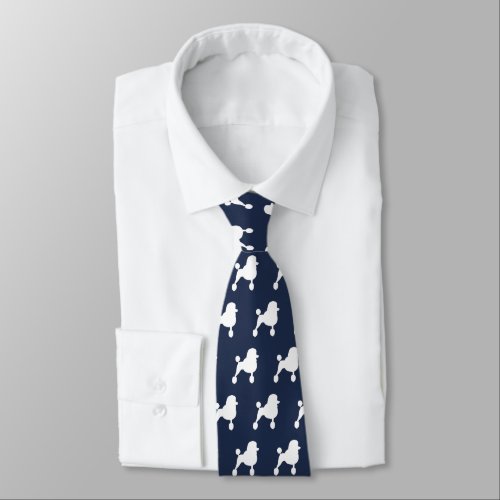 Standard Poodle Silhouettes Pattern White and Blue Tie