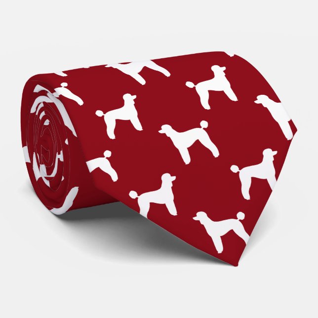 Standard Poodle Silhouettes Pattern White and Red Neck Tie (Rolled)