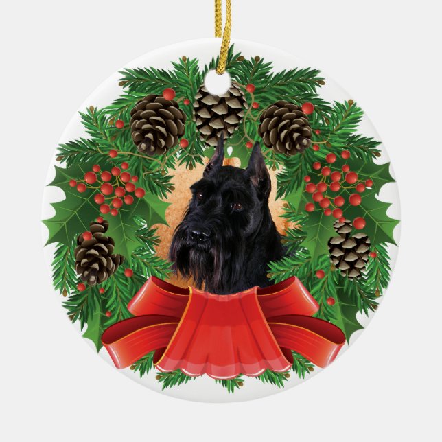Standard Schnauzer Christmas Holiday Wreath Ceramic Ornament (Front)