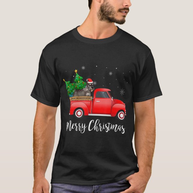 Standard Schnauzer Dog Riding Red Truck Christmas T-Shirt (Front)