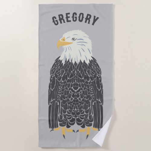 Standing Bald Eagle Illustration Personalized Beach Towel