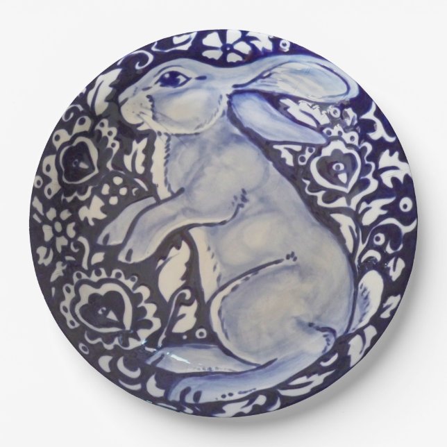 Standing Blue and White Rabbit Dedham Paper Plate (Front)