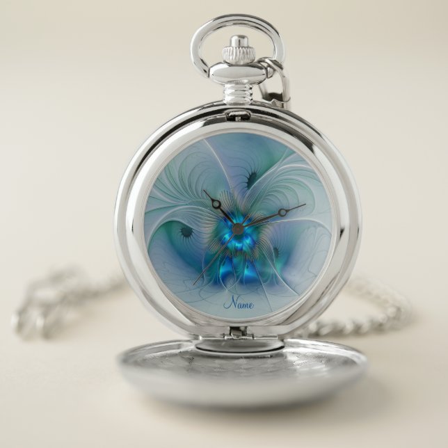 Standing Ovations Abstract Blue Fractal Art Name Pocket Watch (Inside)