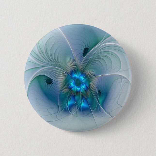 Standing Ovations, Abstract Blue Turquoise Fractal Button (Front)