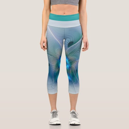 Standing Ovations Abstract Blue Turquoise Fractal Capri Leggings