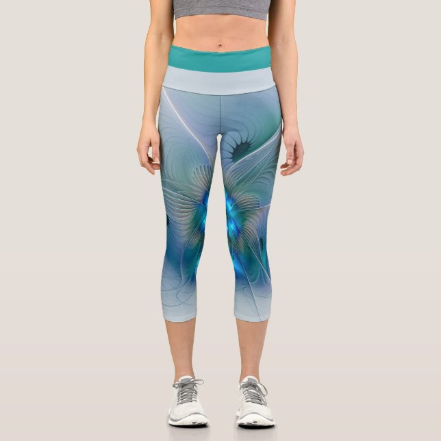 Standing Ovations, Abstract Blue Turquoise Fractal Capri Leggings (Front)