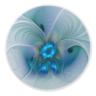 Standing Ovations, Abstract Blue Turquoise Fractal Ceramic Knob