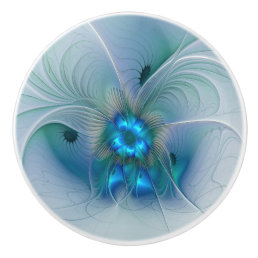 Standing Ovations, Abstract Blue Turquoise Fractal Ceramic Knob