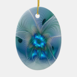 Standing Ovations, Abstract Blue Turquoise Fractal Ceramic Ornament