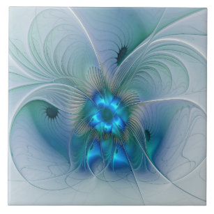 Standing Ovations, Abstract Blue Turquoise Fractal Ceramic Tile