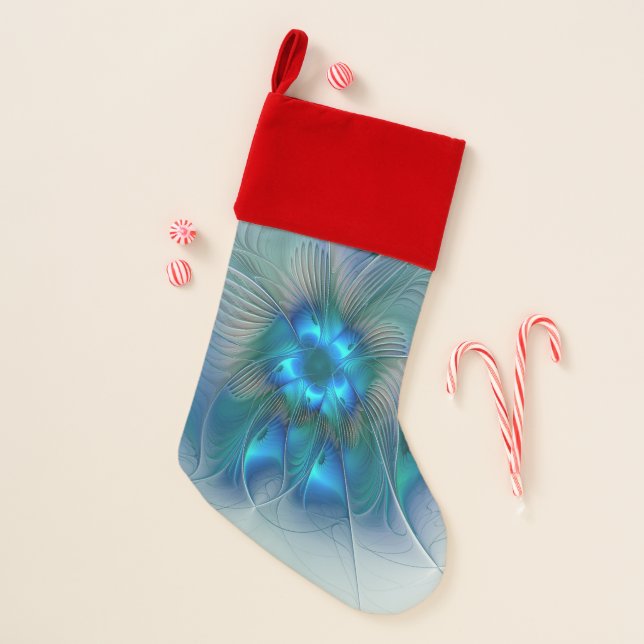 Standing Ovations, Abstract Blue Turquoise Fractal Christmas Stocking (Front)